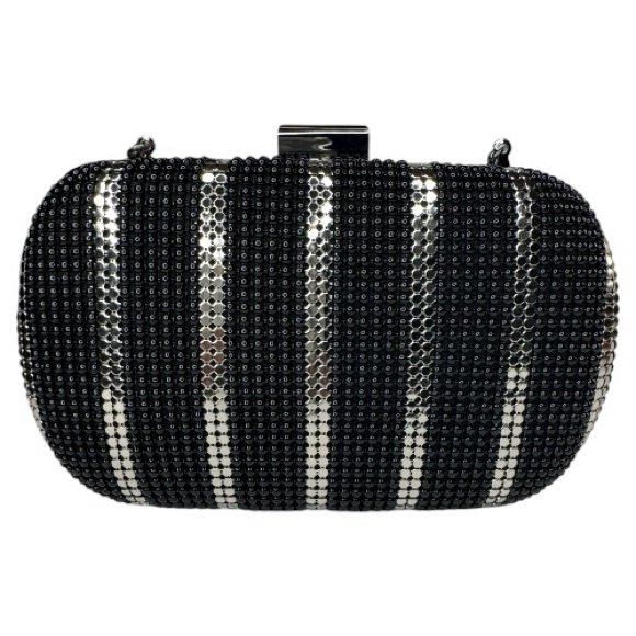 Whiting & Davis Minaudière Black & Silver Mesh Striped Hardcase Clutch Purse - Picture 2 of 8